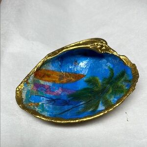 Handmade Seashell with Palm Tree and Surfboard Design